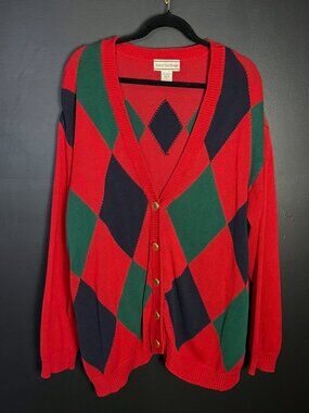 Vintage Red Argyle V Neck Cardigan